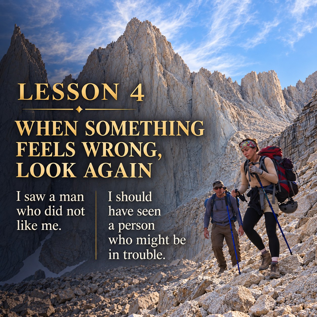 Lesson 4: When Something Feels Wrong, Look Again. I saw a man who did not like me. I should have seen a person who might be in trouble.