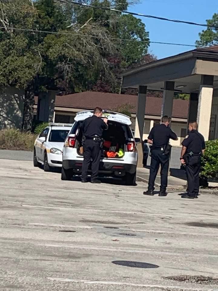 Police officers standing beside their vehicles on the day Pam was arrested.